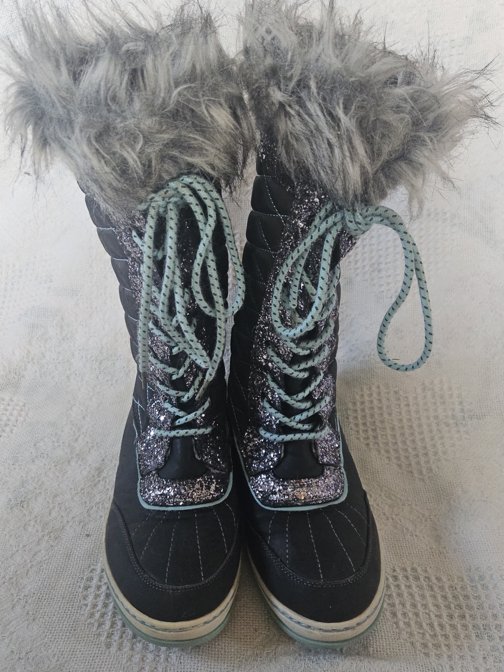 Justice Black / Grey Winter Boots with Mint Green Laces and Faux Fur Cuff